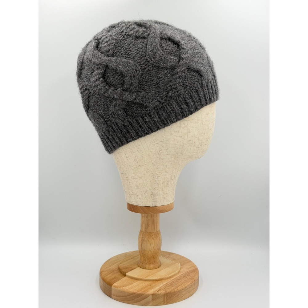Pure Cashmere Beanie Hat Unisex One Size Gray Cable Knit Ribbed RN 104647
